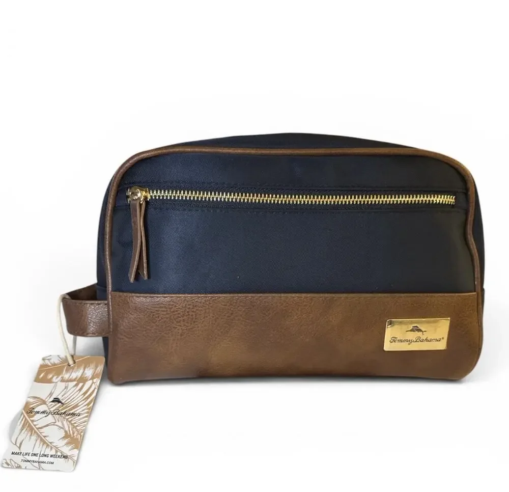 Tommy Bahama Mens Toiletry Bag Dopp Kit Travel Zip Faux Leather Blue Brown